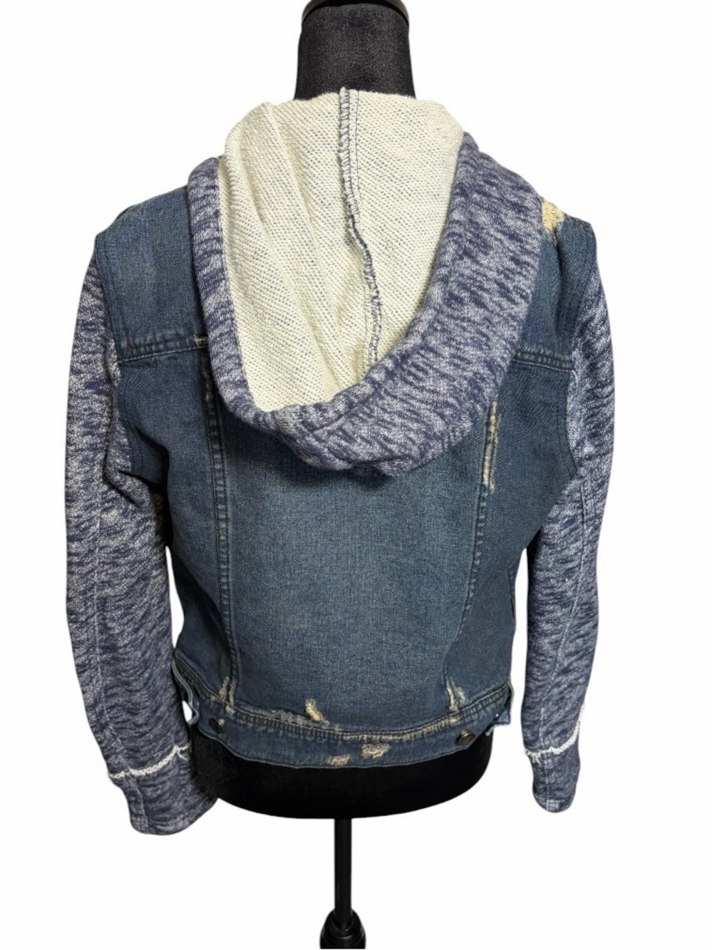 Free People Distressed Denim Jean Jacket W/ Knit Sleeves & Hood - Picture 3 of 13